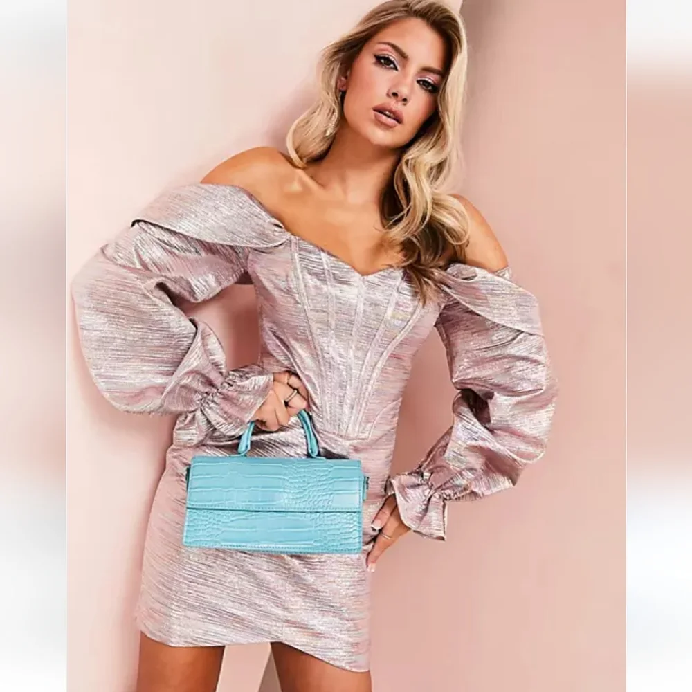 Nwot ASOS Luxe Rose Metalic Glitter Bardot Off Shoulder Longsleeve Corset Dress